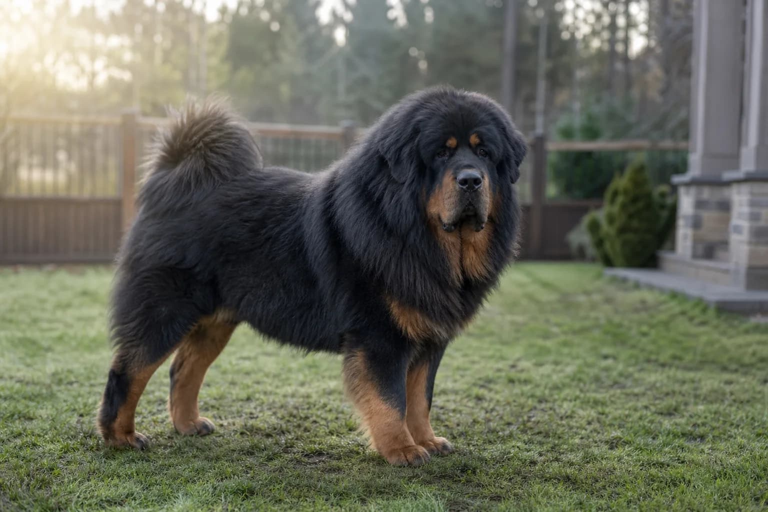 Adult black-and-tan Tibetan Mastiff standing in a securely fenced yard
