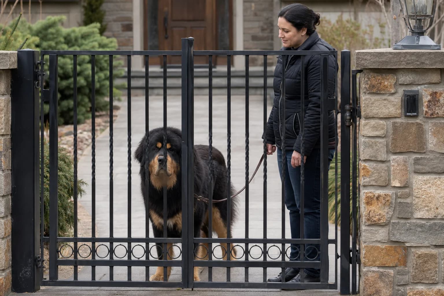 Tibetan Mastiff standing calmly on leash behind a closed metal entry gate with its handler