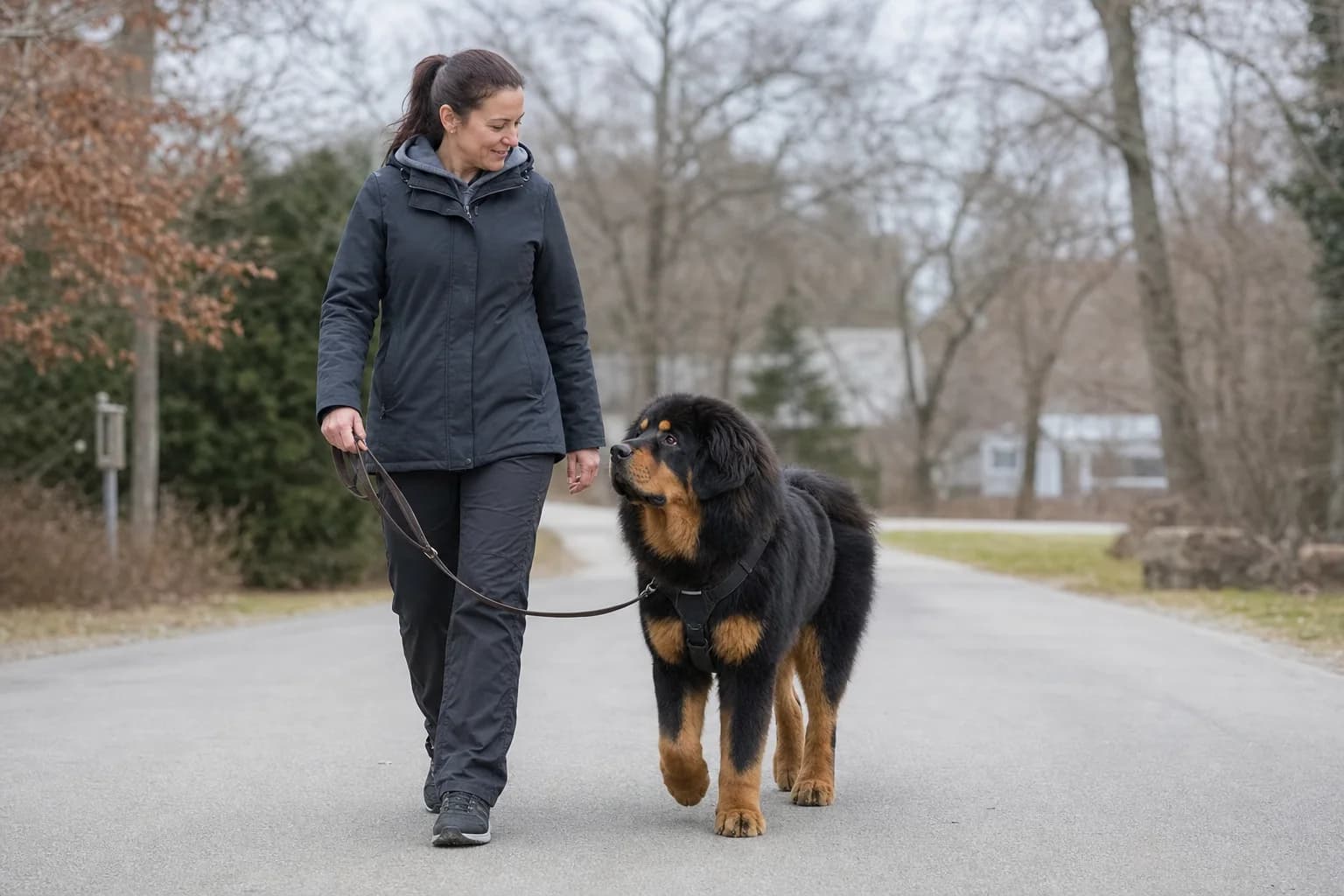 Adult handler walking a Tibetan Mastiff on a loose leash along a quiet neighborhood road