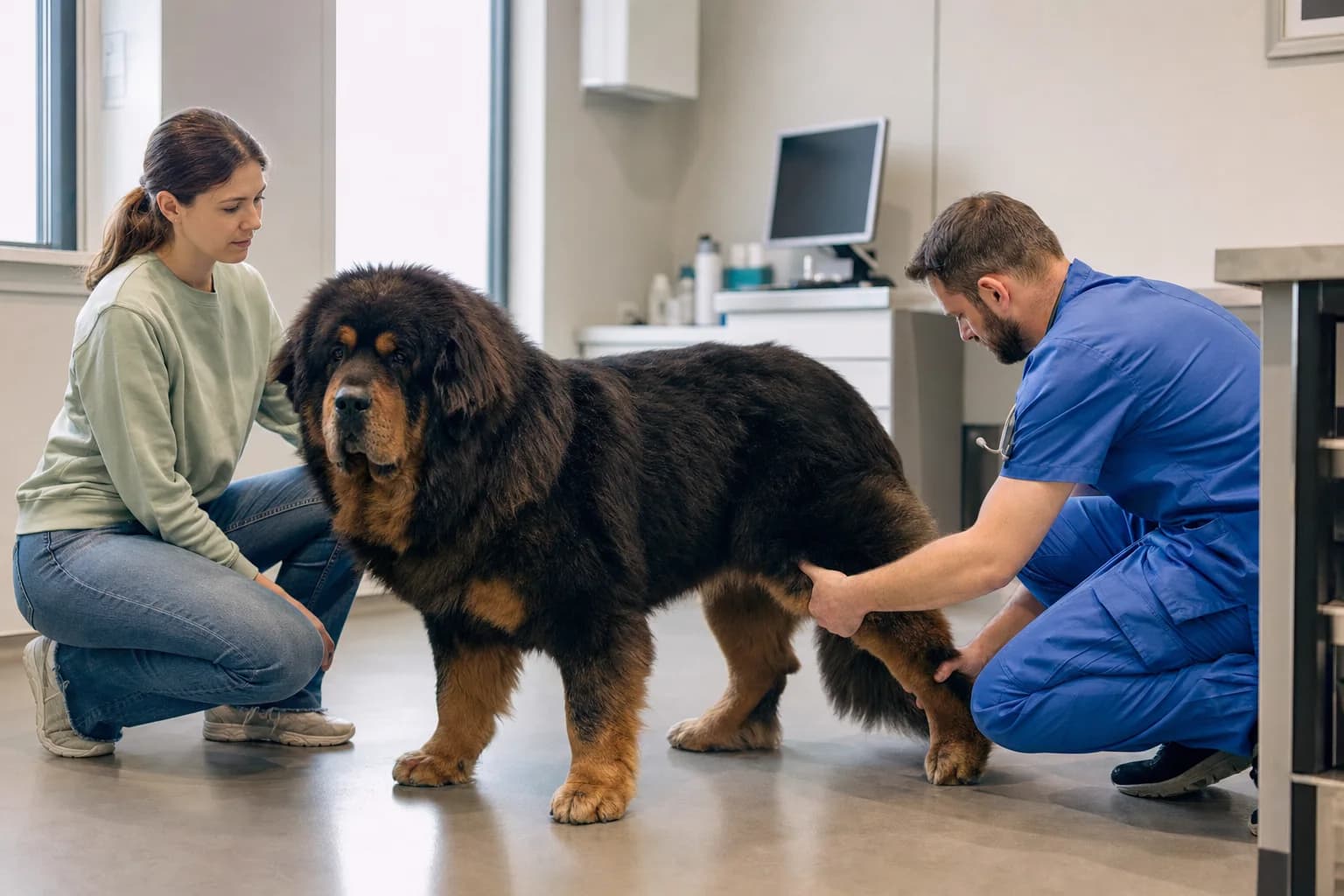 Veterinary professional examining a Tibetan Mastiff's rear leg while the owner steadies the dog