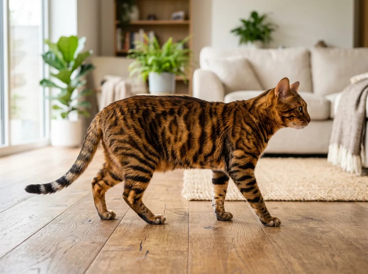 A Toyger cat standing in full body view, showing the bold dark mackerel tiger stripes on a warm brown-orange coat that make this breed look like a miniature tiger