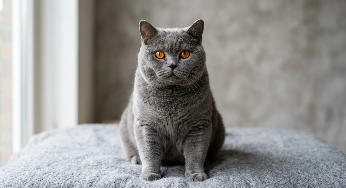 British Blue British Shorthair cat with a round face and copper-orange eyes sitting upright on a soft grey background