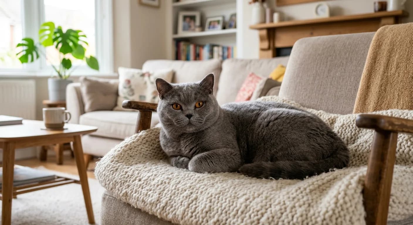 British Shorthair cat lounging contentedly in a cozy living room, illustrating an easygoing family-friendly companion