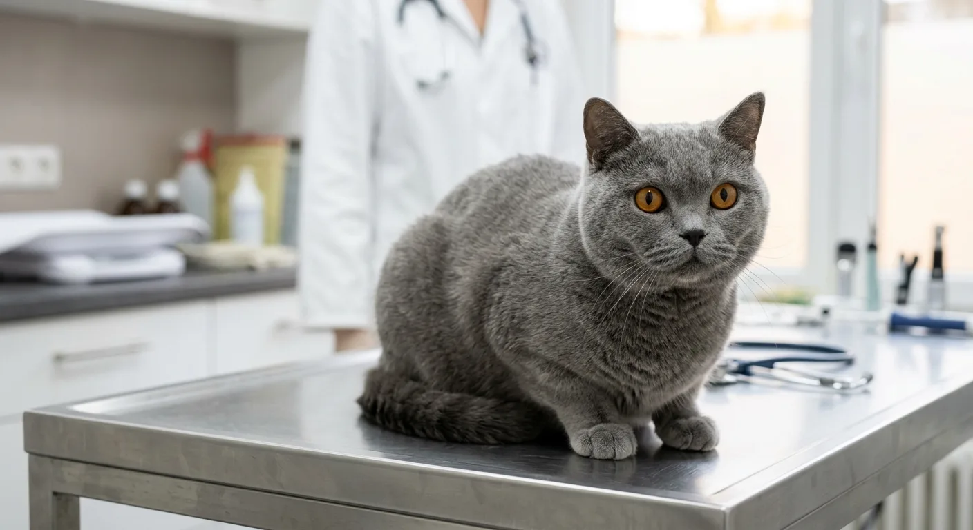 British Shorthair cat on a clean veterinary exam surface during a routine wellness check