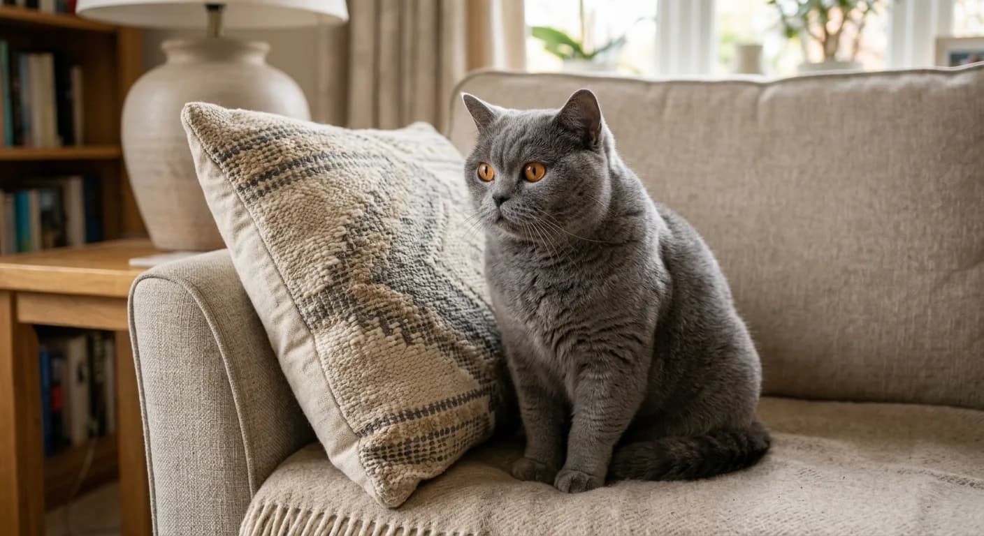 British Shorthair cat sitting calmly beside a sofa cushion, alert and content but not being held