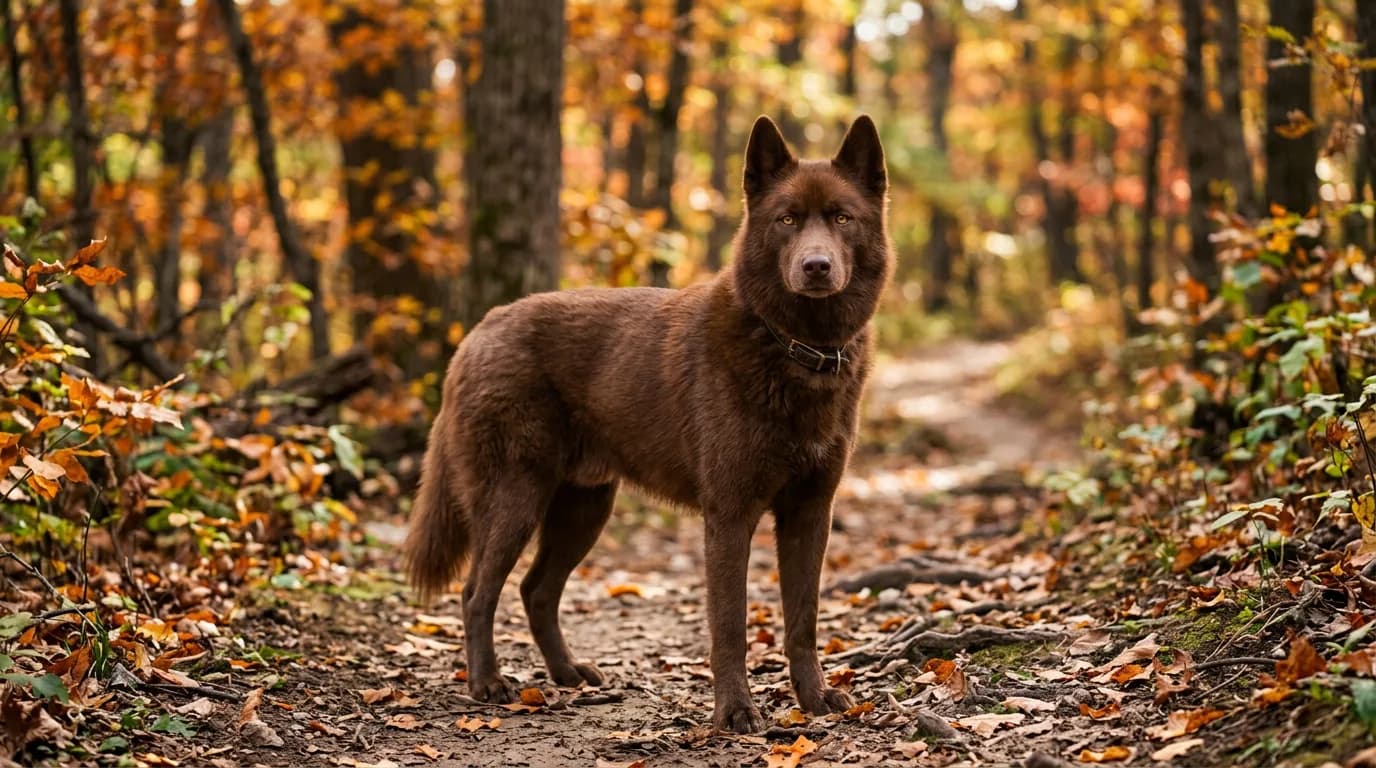 solid chocolate-brown Siberian Husky standing on a forest trail in autumn light, facing camera, amber eyes