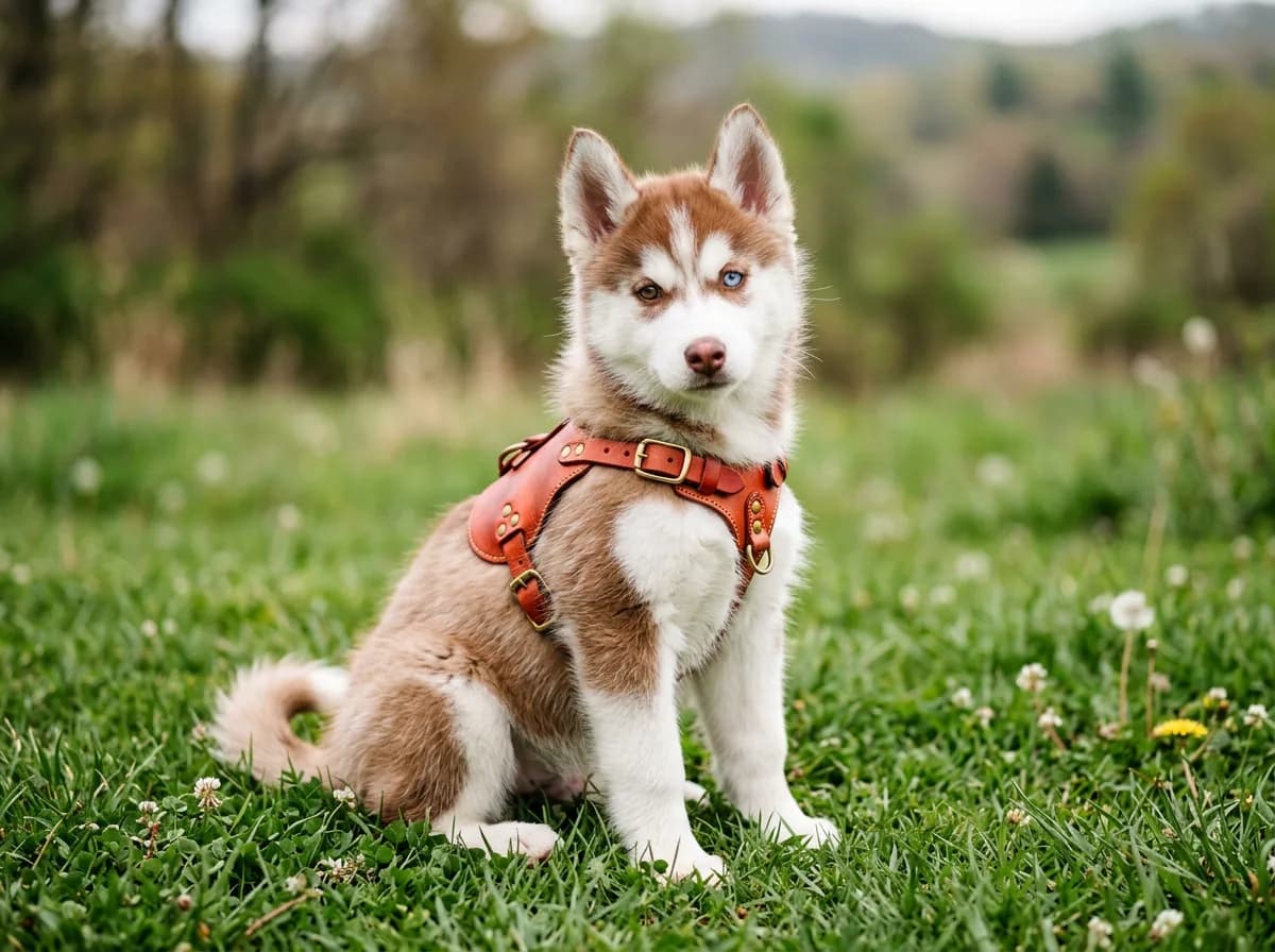 red and white Siberian Husky puppy sitting on green grass, copper saddle over white chest, one blue eye and one amber eye