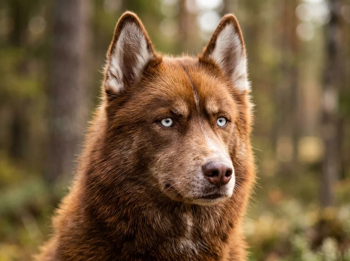 a brown and red Siberian Husky with pale eyes