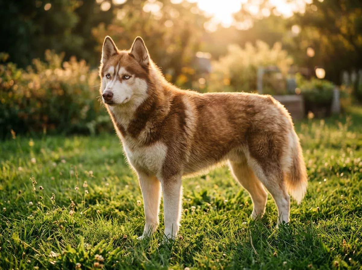 a brown and red Siberian Husky with pale eyes