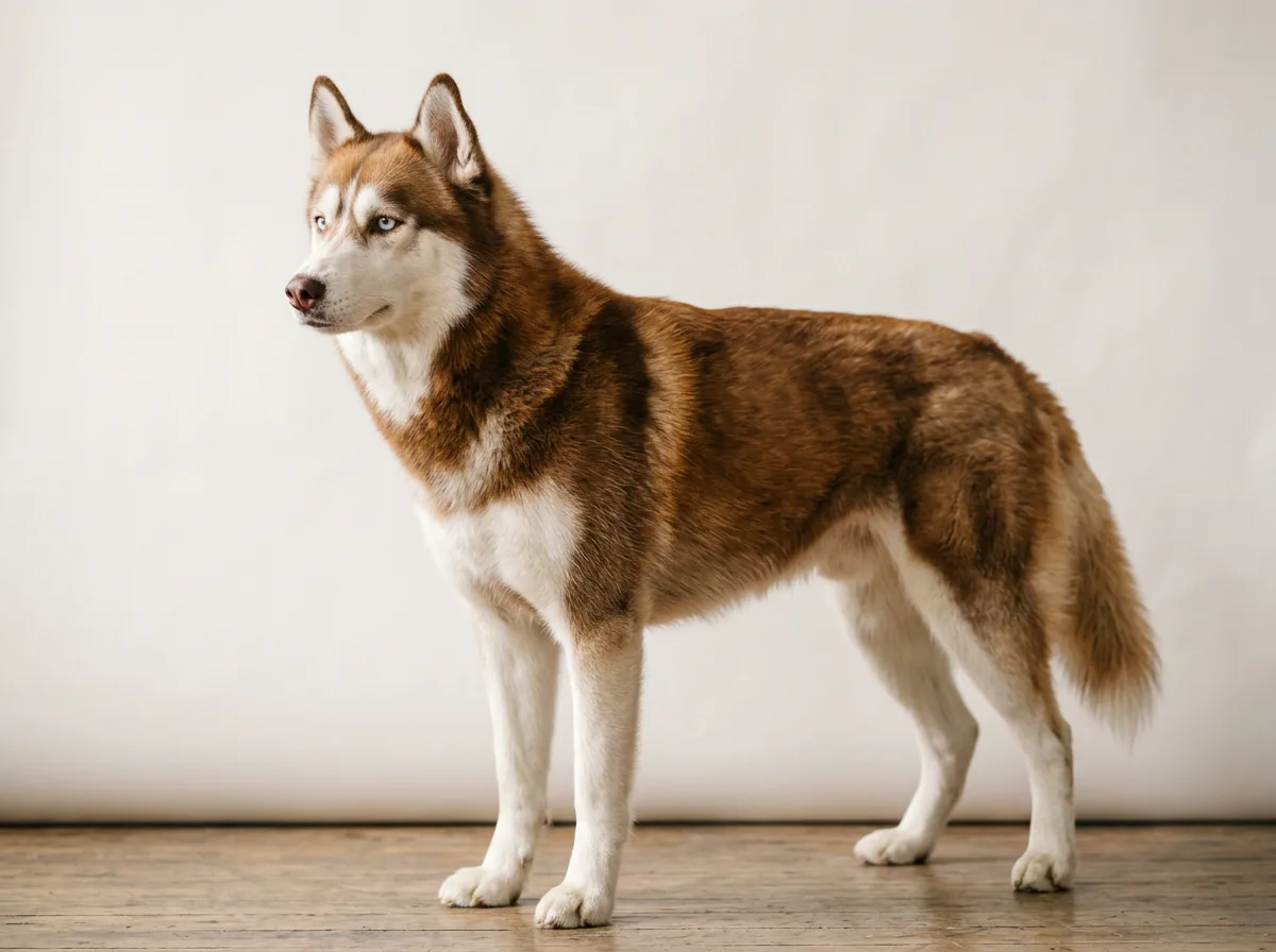a brown and red Siberian Husky with pale eyes