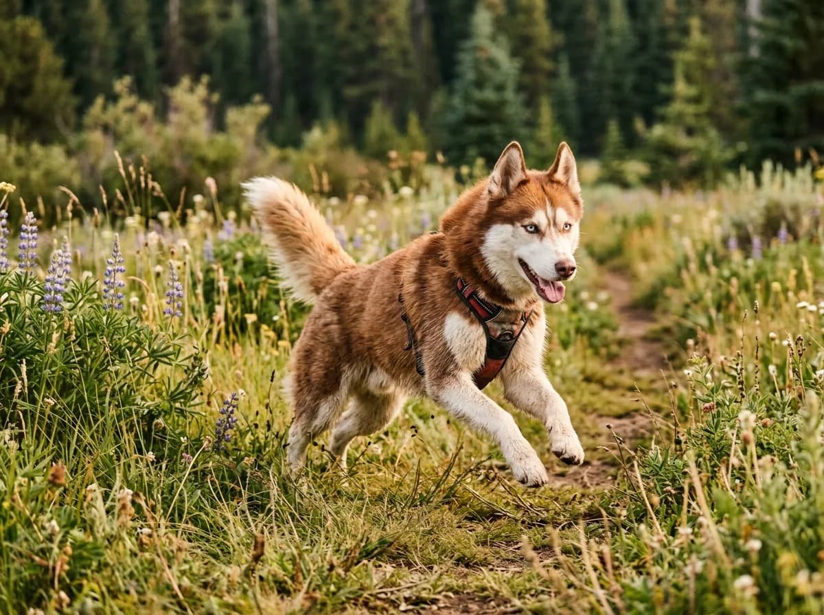 a brown and red Siberian Husky with pale eyes