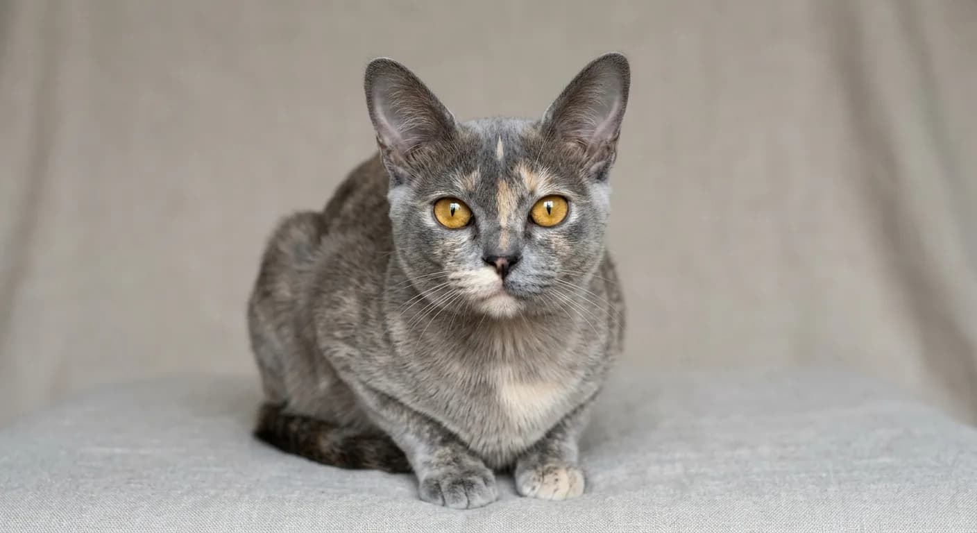 A blue tortie Burmese cat with a soft blue-grey coat mottled with cream patches and golden eyes