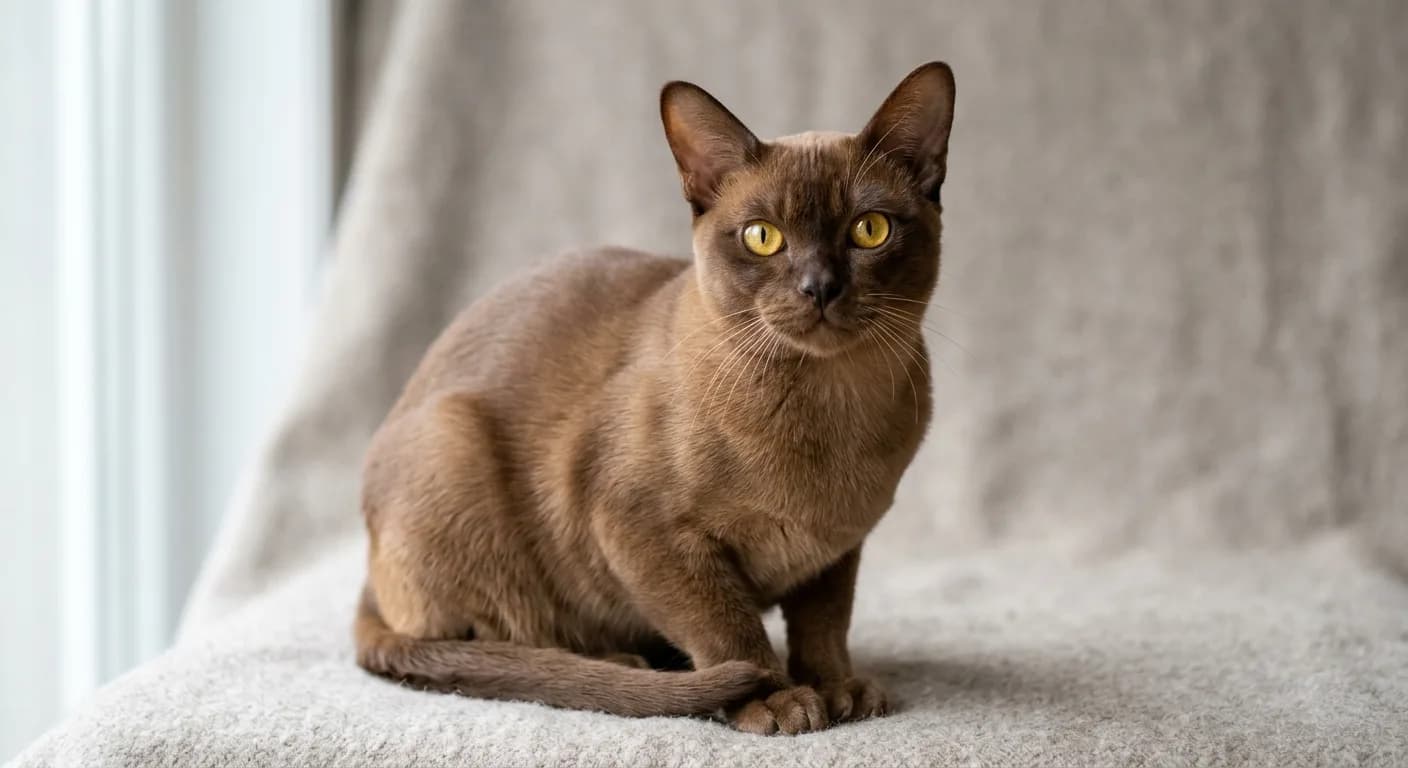 A chocolate Burmese cat with a warm milk-chocolate solid coat and golden eyes