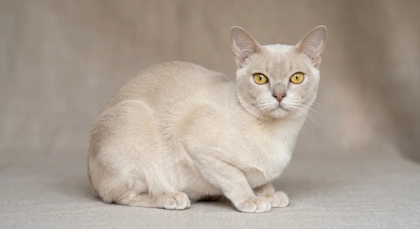 A cream Burmese cat with a pale cool-cream solid coat and golden eyes