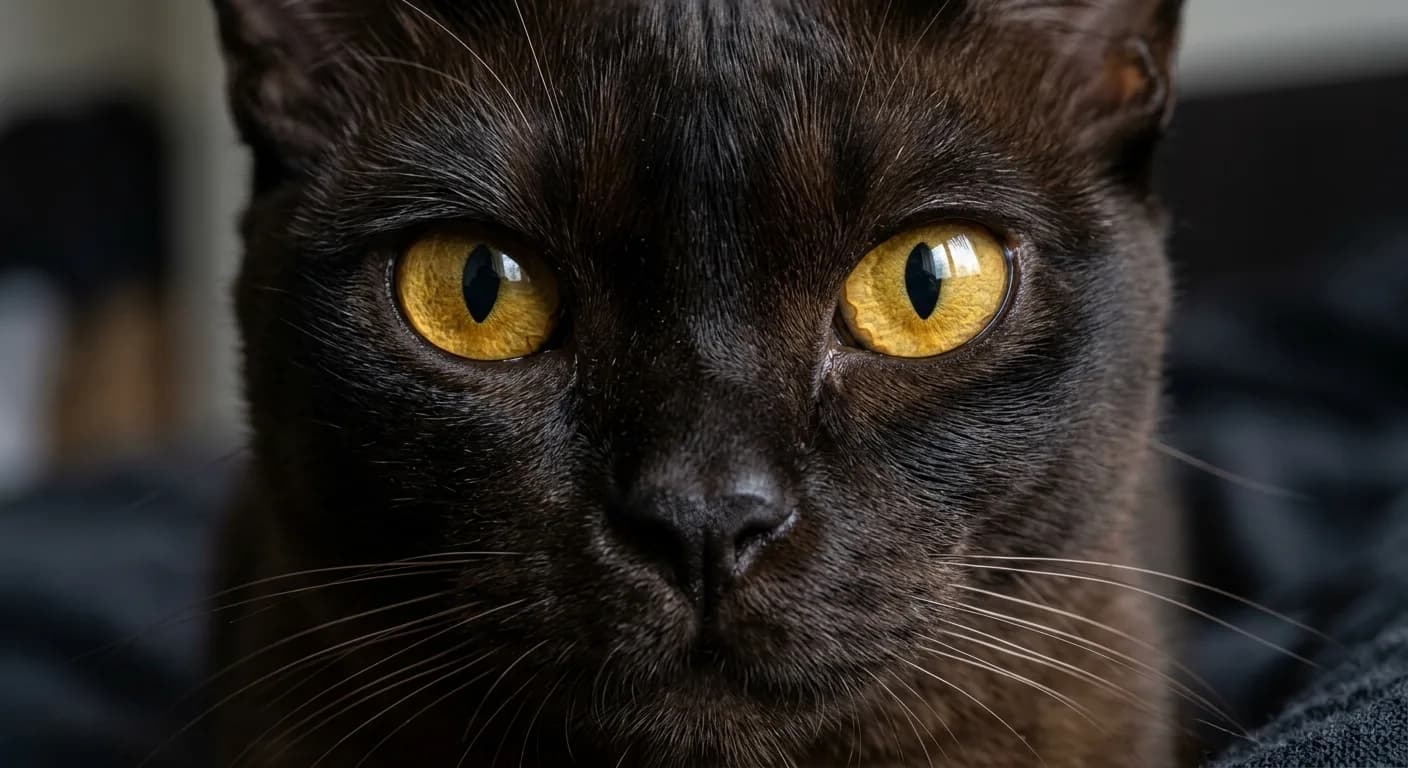 Close-up of a sable Burmese cat's large round golden-yellow eyes and smooth dark-brown coat