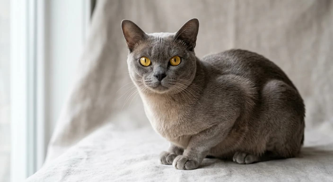 A blue Burmese cat with a soft warm medium-grey solid coat and golden-yellow eyes on a neutral background