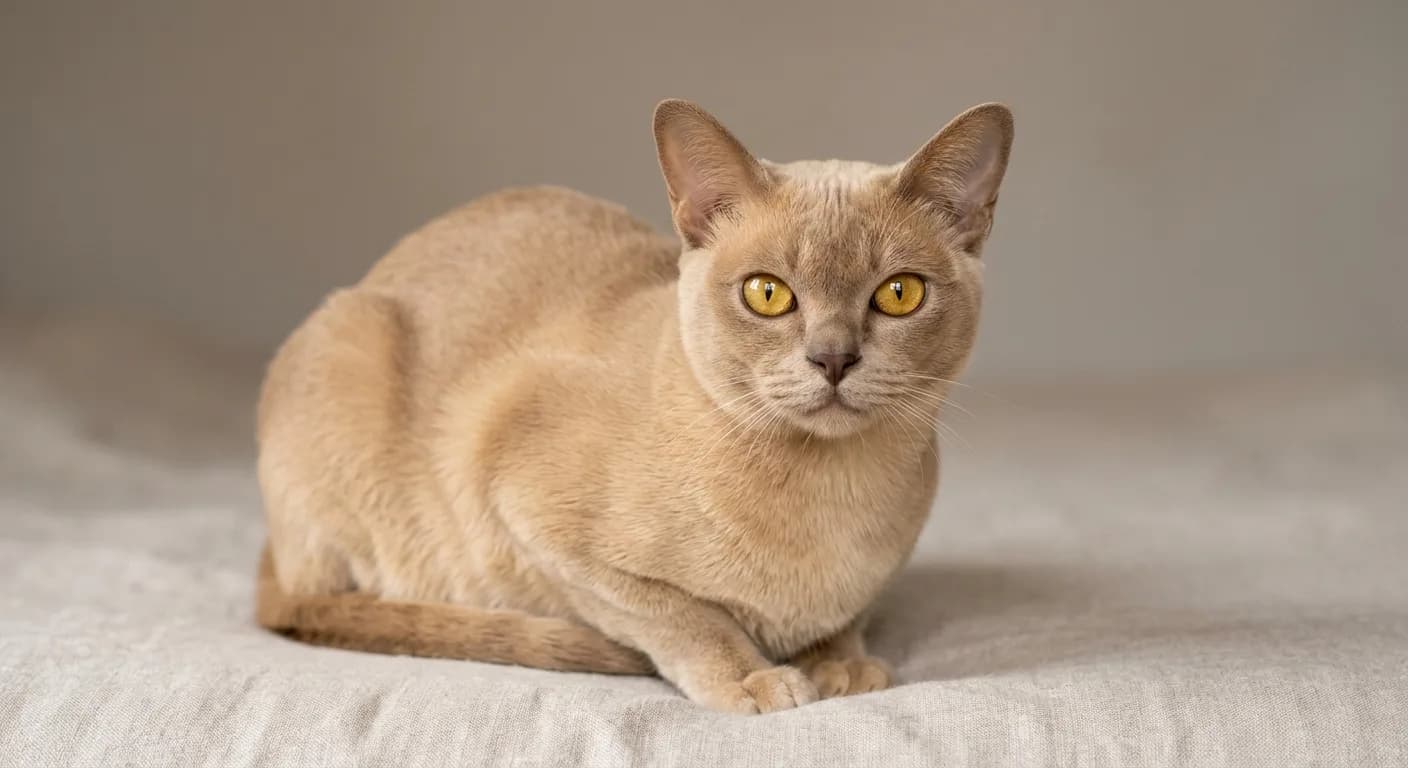 A champagne Burmese cat with a warm honey-beige solid coat and golden-yellow eyes on a neutral background
