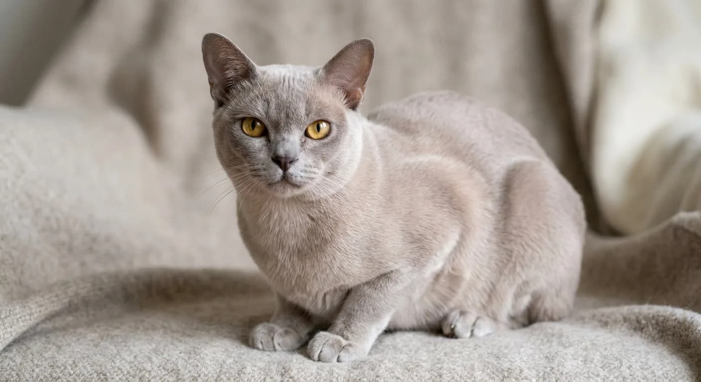 A platinum Burmese cat with a pale silvery-grey solid coat with a faint lavender cast and golden-yellow eyes on a neutral background