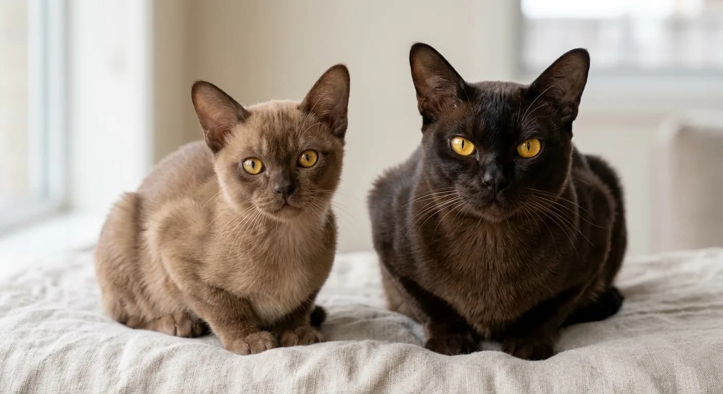 A lighter sable Burmese kitten beside a darker sable adult, showing how the coat darkens with age
