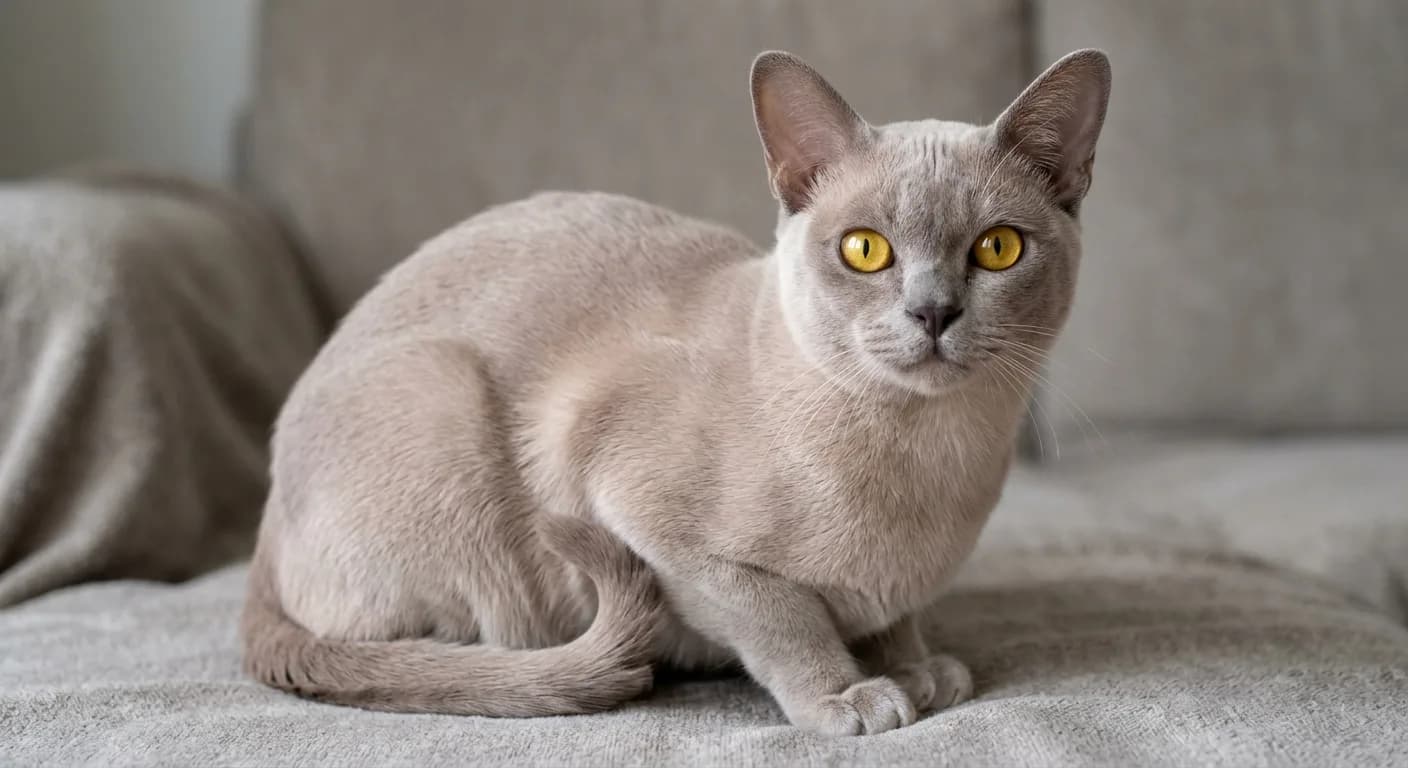 A lilac Burmese cat with a pale dove-grey solid coat with a pinkish cast and golden eyes