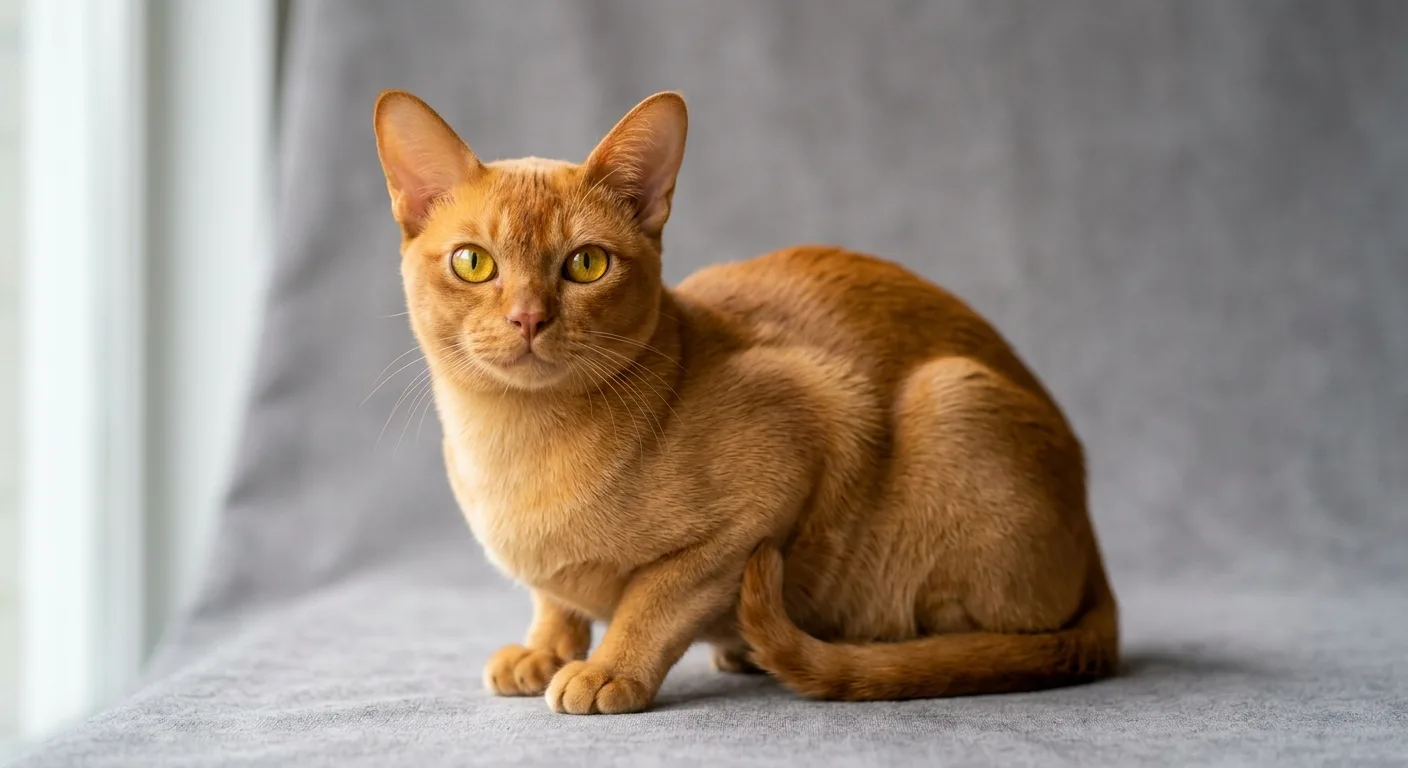 A red Burmese cat with a warm tangerine-orange solid coat and golden eyes