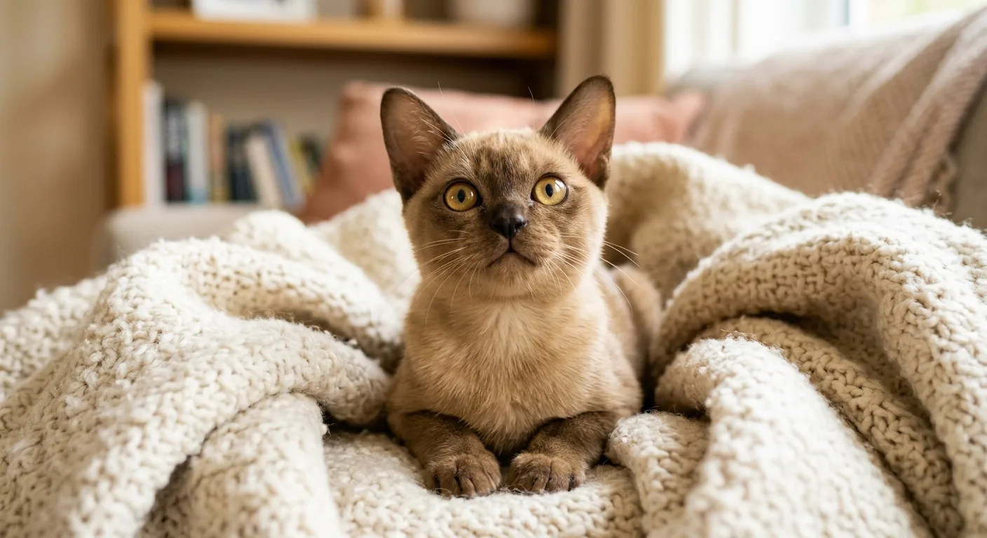 A sable adult Burmese cat sitting upright with a glossy dark-brown coat and golden eyes in warm light