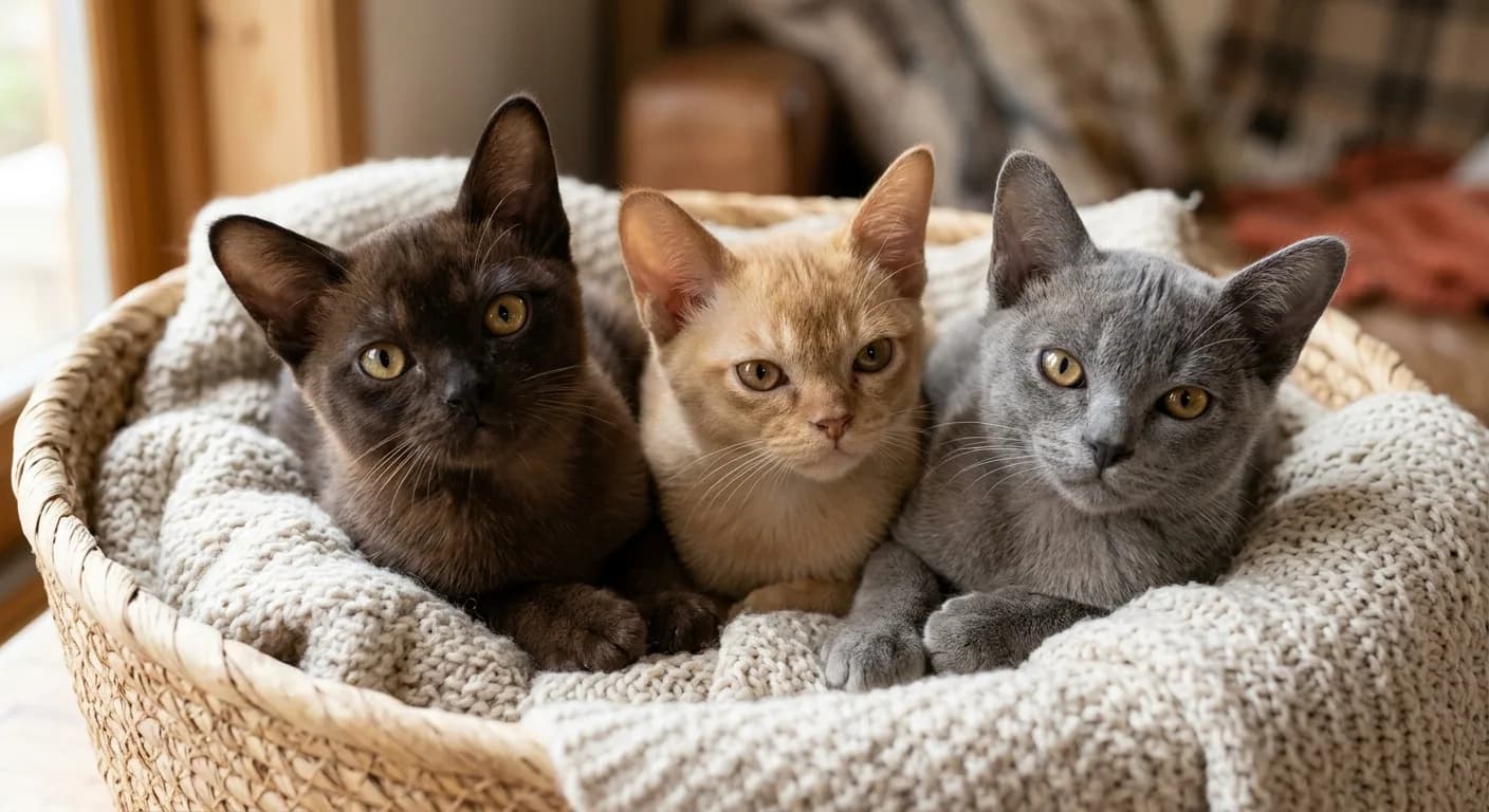 A litter of Burmese kittens in sable, champagne, and blue shades together in a soft basket