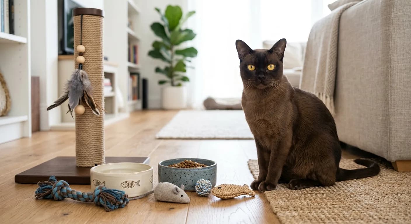 A sable Burmese cat sitting beside new pet supplies including bowls, a scratching post, and toys