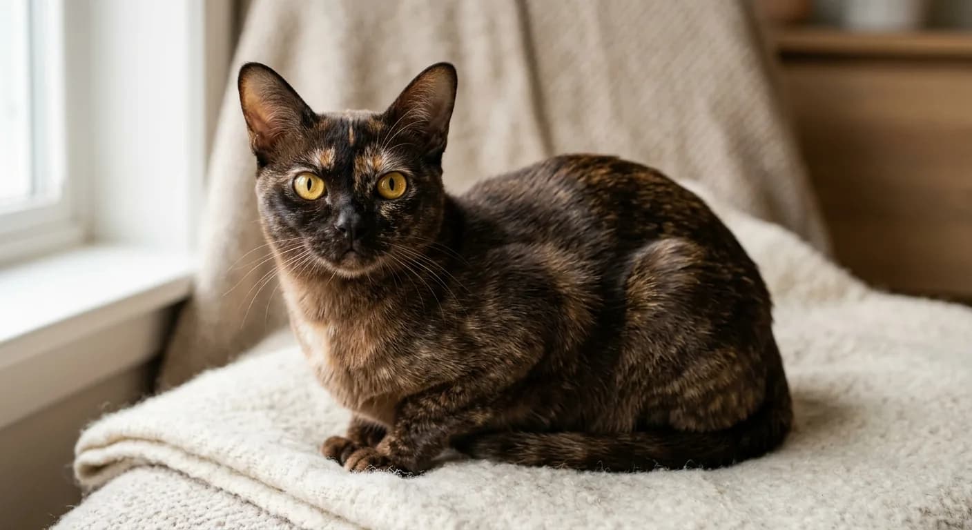 A tortoiseshell Burmese cat with a dark sable-brown coat mottled with red and cream patches and golden-yellow eyes