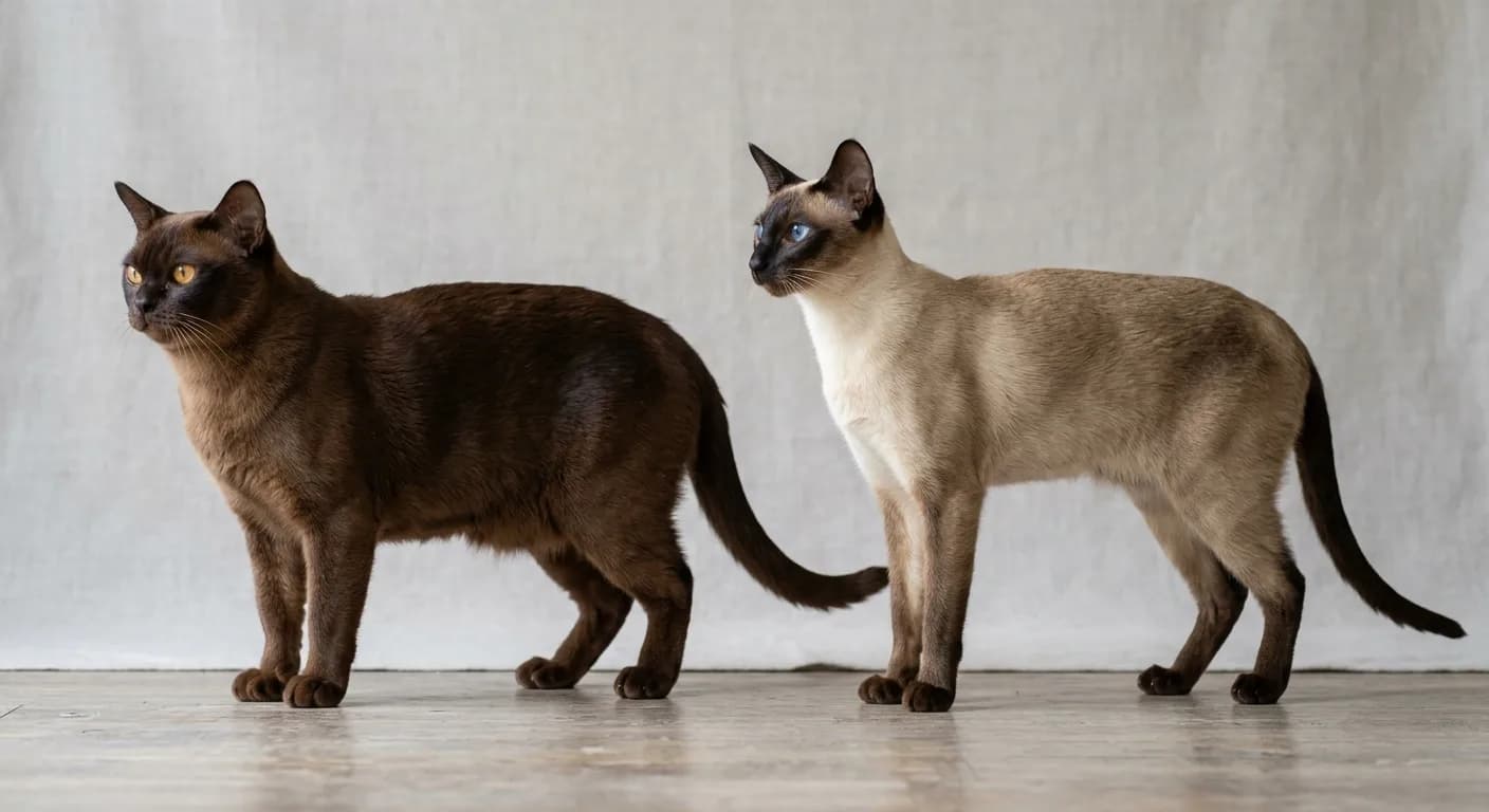 A compact muscular sable Burmese beside a long slender seal point Siamese, full body comparison