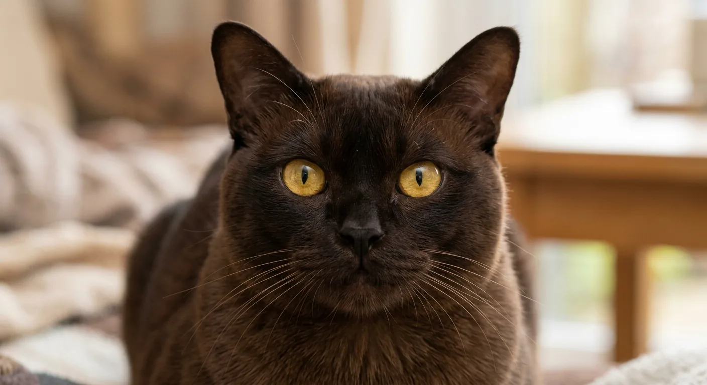 Close-up of a sable Burmese cat's rounded face, solid brown coat, and round golden eyes