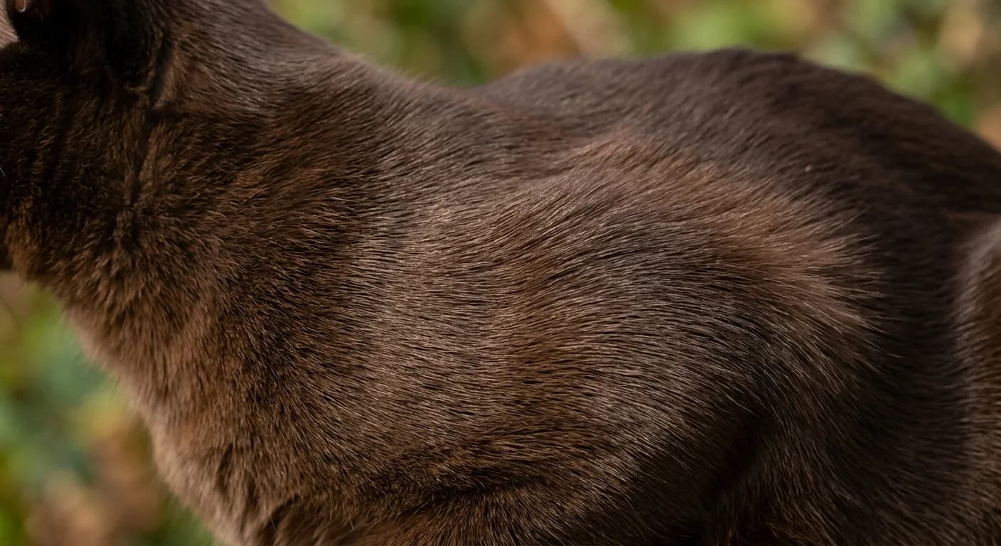 Macro close-up of a sable Burmese cat's short, glossy, satin solid dark-brown coat