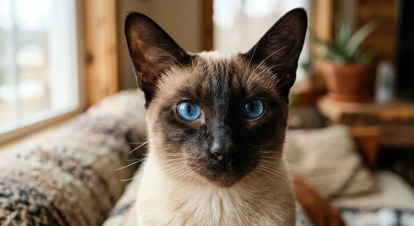 Close-up of a seal point Siamese cat's wedge face, dark mask, and almond blue eyes