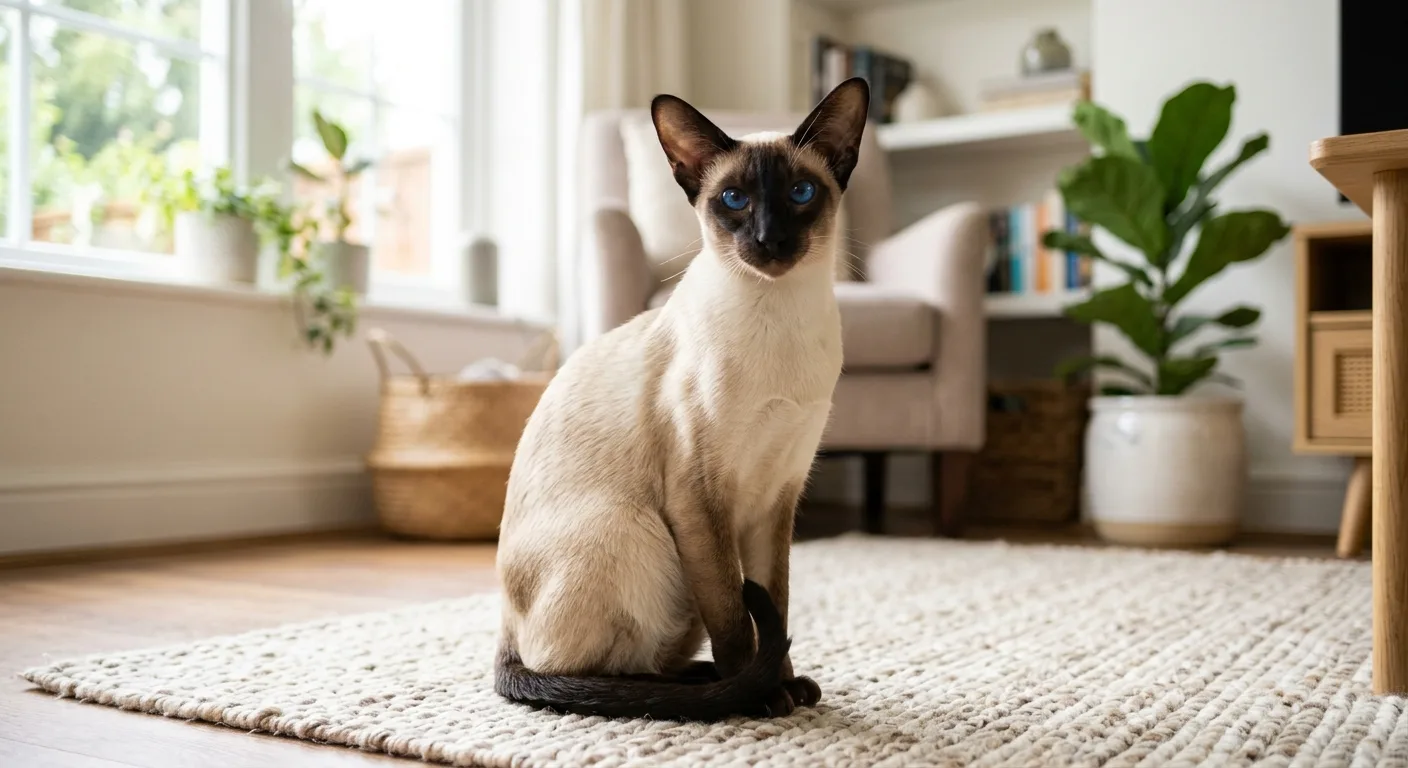 A seal point Siamese cat sitting, slender with a wedge head, dark points, and vivid blue eyes
