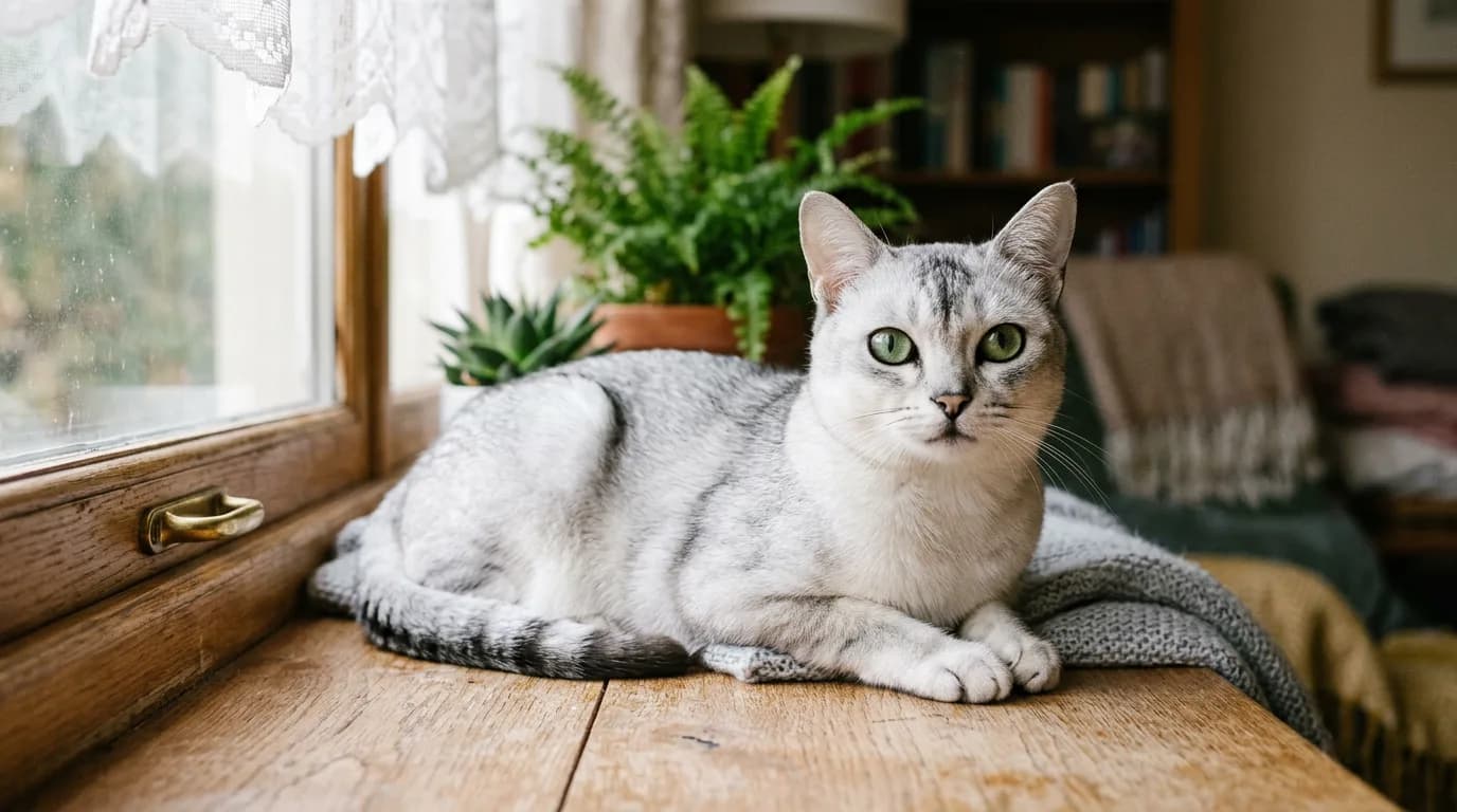 A silver shaded Burmilla cat with dark eyeliner markings and green eyes resting on a windowsill in soft daylight.