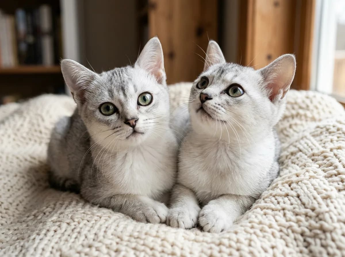 Two silver Burmilla kittens with developing eyeliner markings sitting close together on a knitted blanket.
