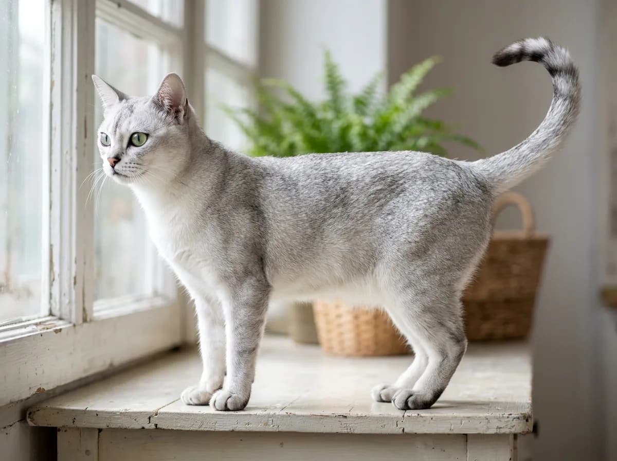 A silver Burmilla cat standing in profile on a windowsill showing the shimmering coat in natural light.