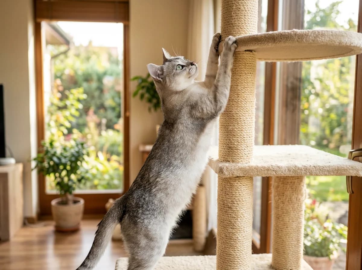 A silver Burmilla cat stretching up against a tall carpeted cat tree in a sunlit room.