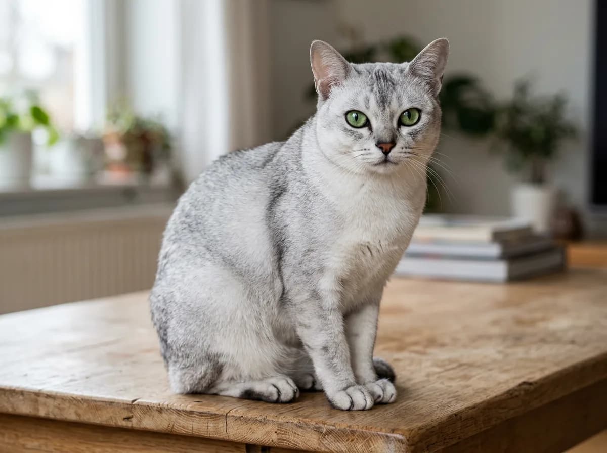 A silver shaded Burmilla cat sitting upright on a wooden table showing its muscular build and rounded face.