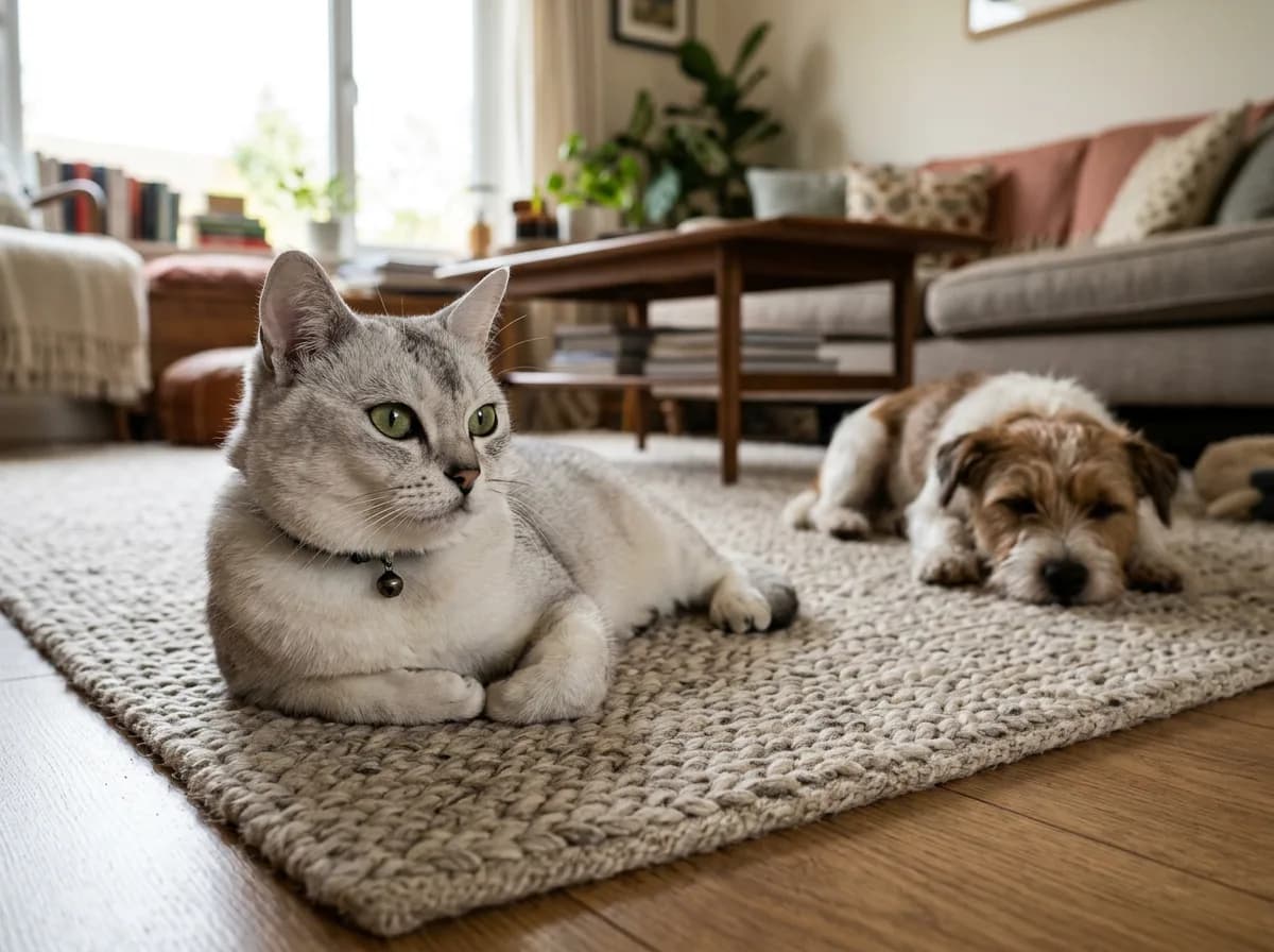 A silver Burmilla cat resting calmly beside a small dog on a rug, illustrating how well the breed gets along with other pets.