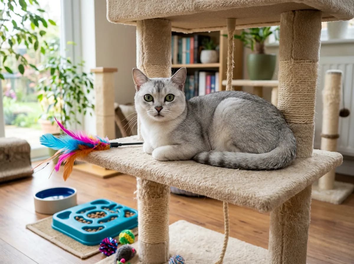 A silver Burmilla cat lounging on a cat tree surrounded by a wand toy and a puzzle feeder.