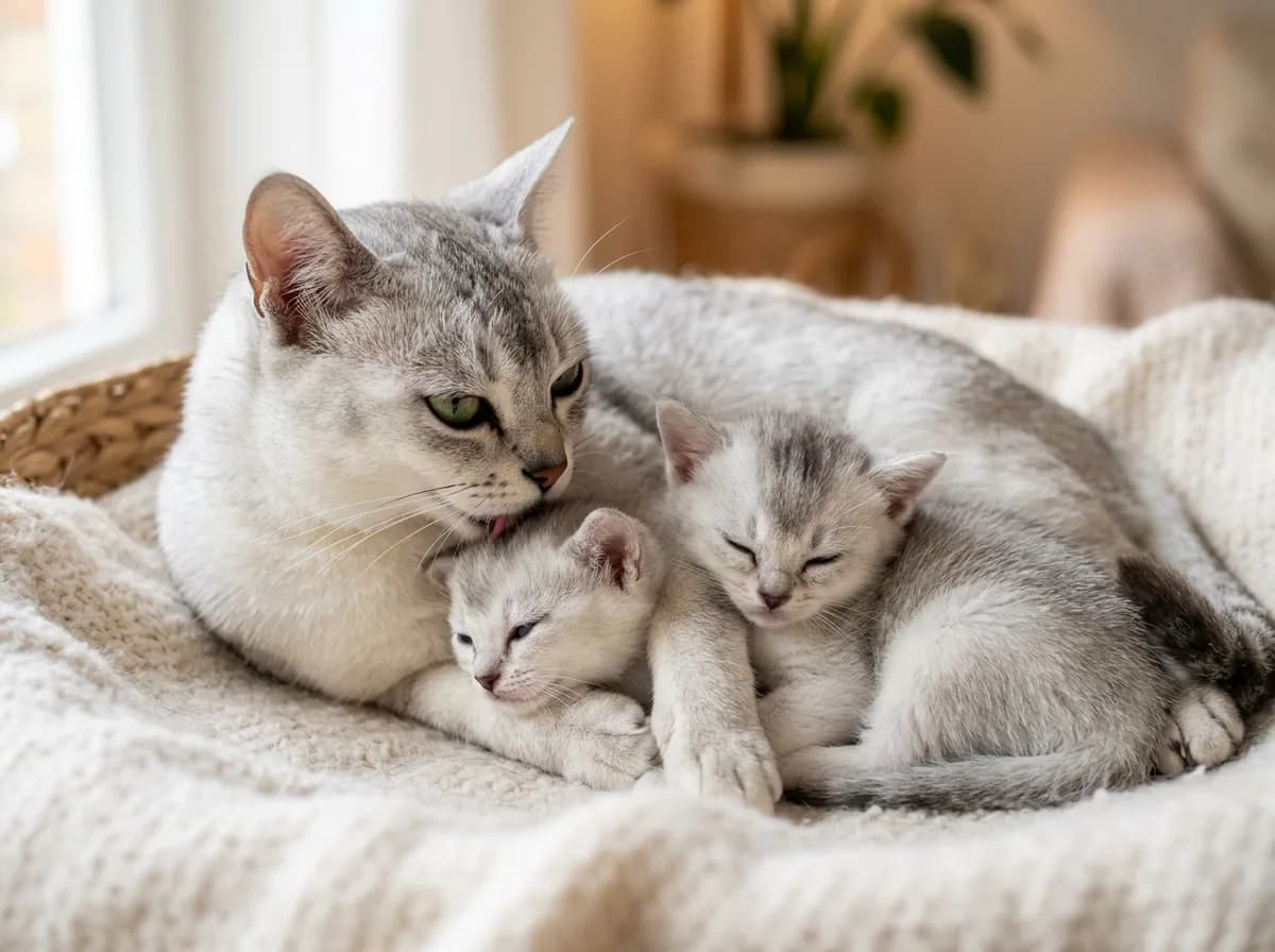 A silver Burmilla mother cat with two young silver kittens nestled together in a home setting.