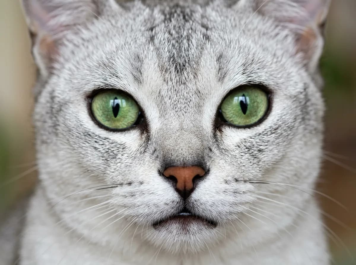 Close-up of a Burmilla cat face showing the dark eyeliner markings around large green eyes.