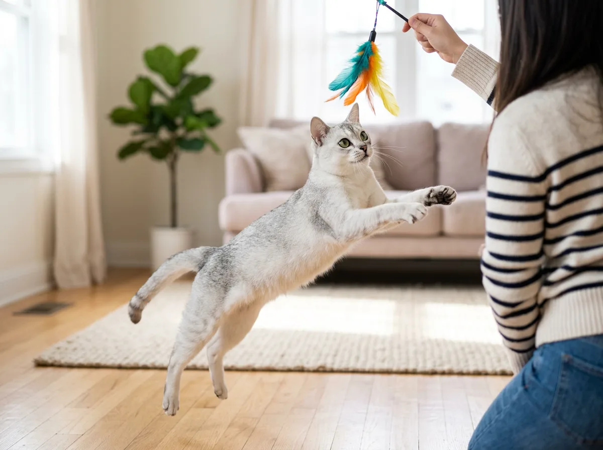 A silver Burmilla cat playing with a feather wand toy mid-pounce in a bright living room.