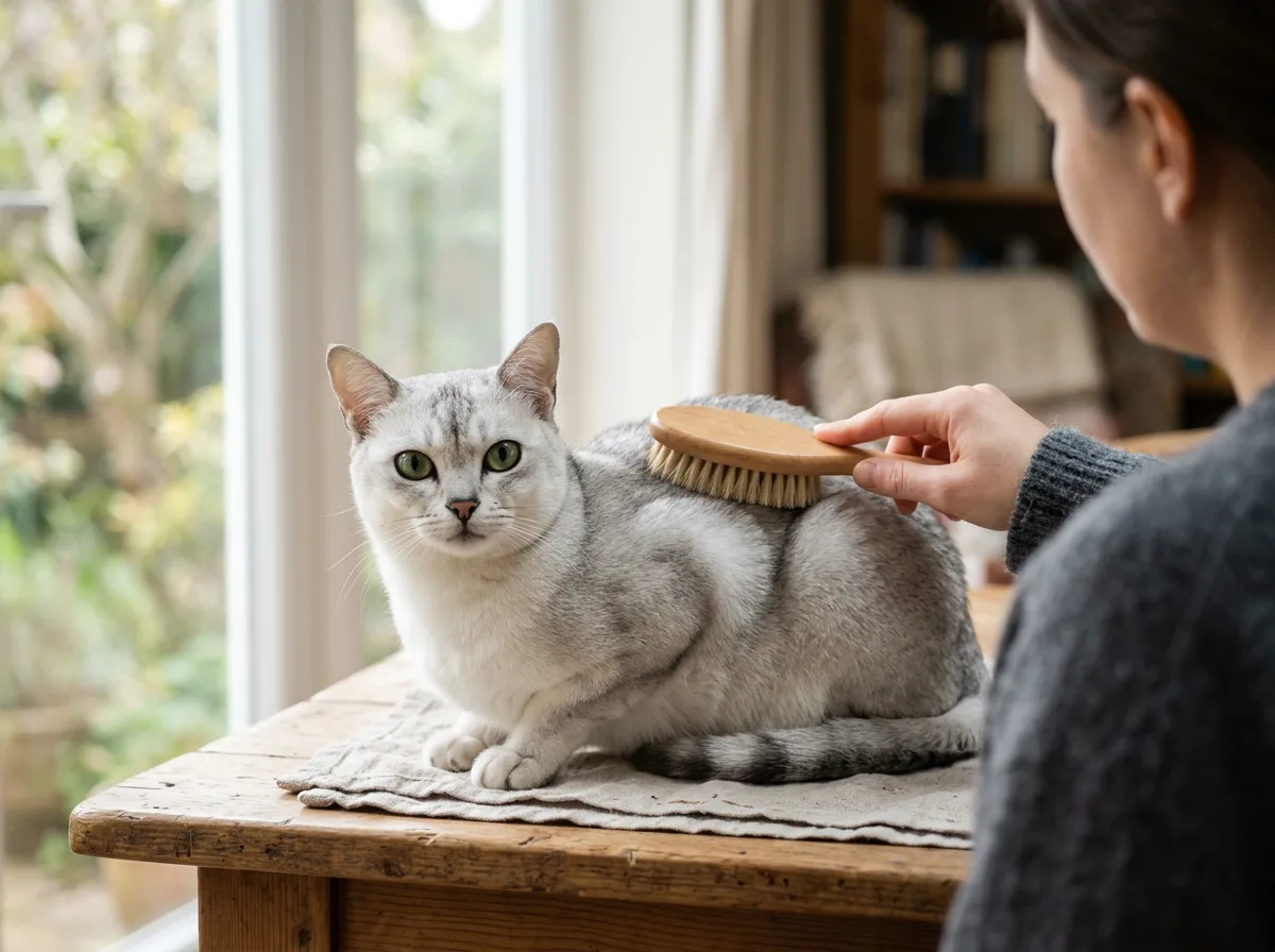 A person brushing a calm silver Burmilla cat with a soft grooming brush, shown from behind with no face visible.