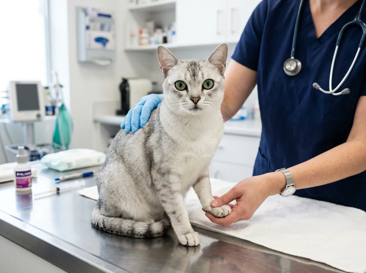 A silver Burmilla cat being gently examined by a veterinarian shown cropped at the torso with no face visible.