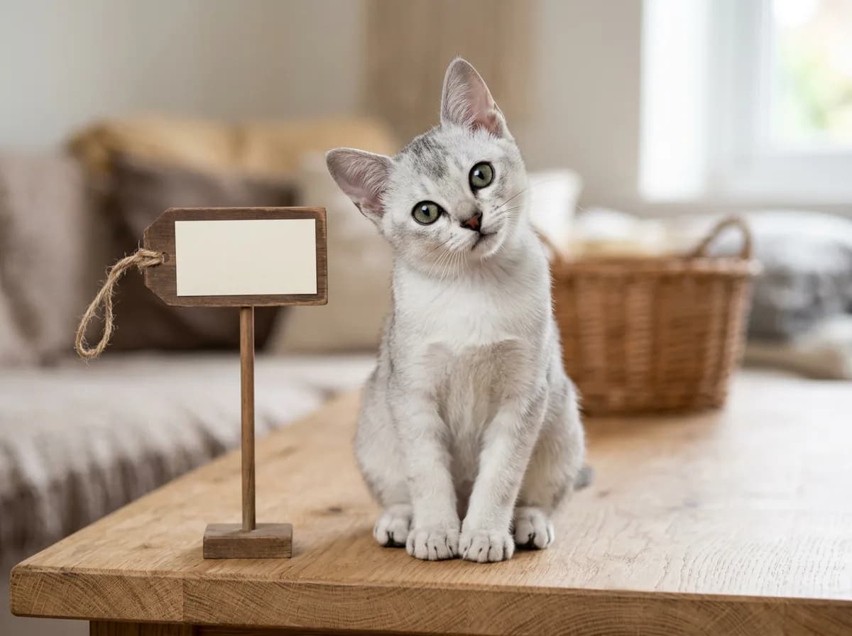 A silver Burmilla kitten sitting beside a small price-tag prop on a clean wooden surface.