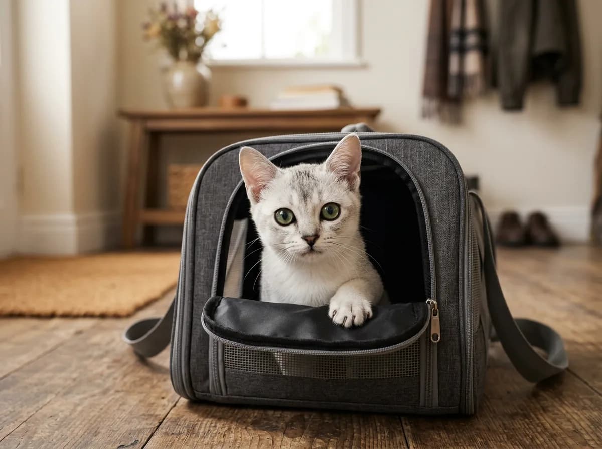 A silver Burmilla kitten peeking curiously out of a soft-sided pet carrier.