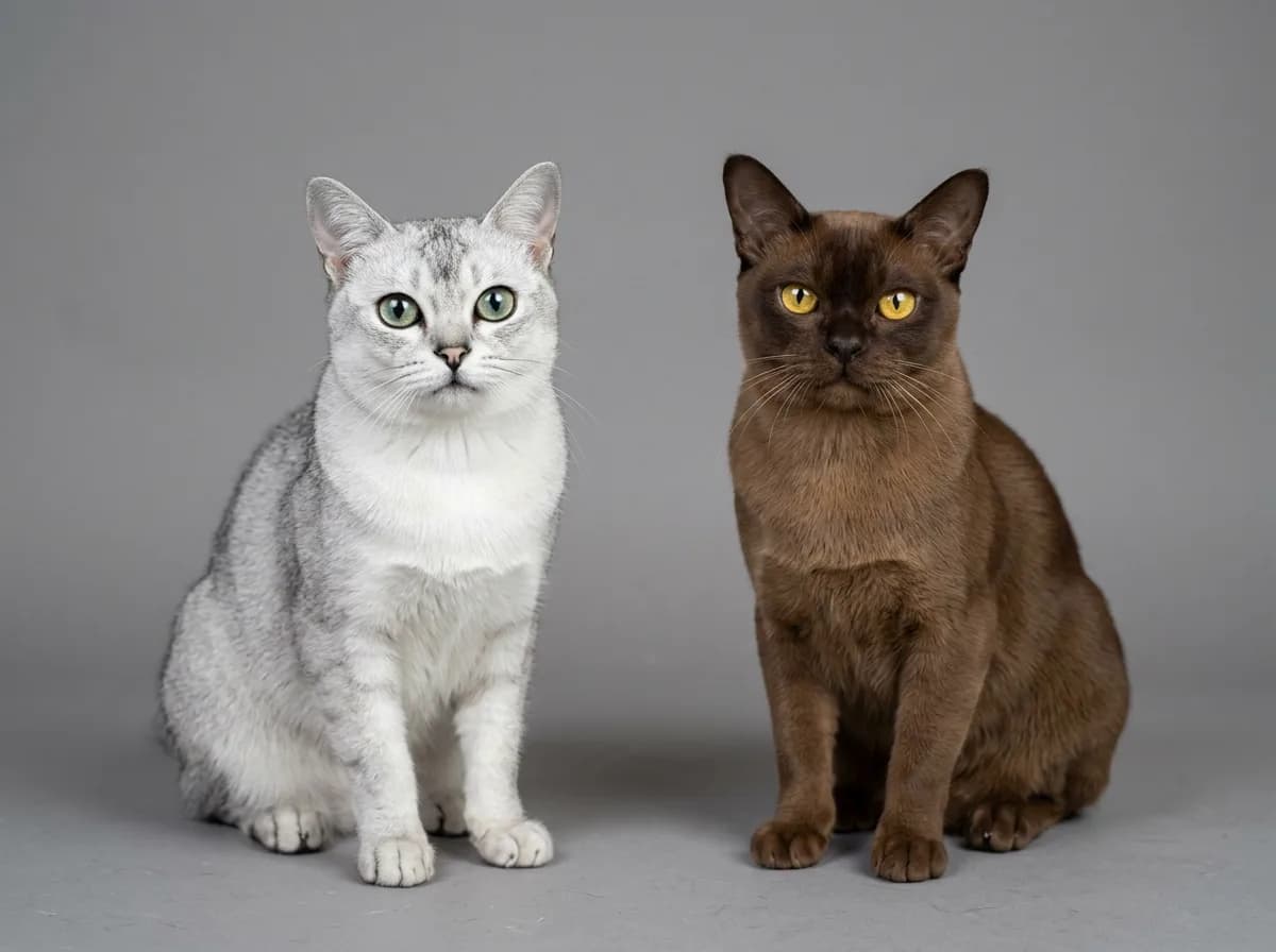 A silver Burmilla cat sitting beside a solid-colored Burmese cat to show the coat difference on a neutral background.
