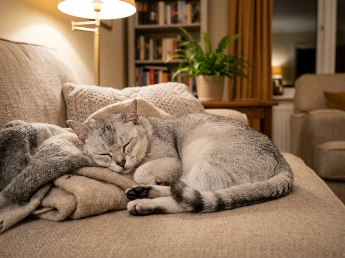 A content silver Burmilla cat curled up on a sofa in a cozy, warmly lit home.